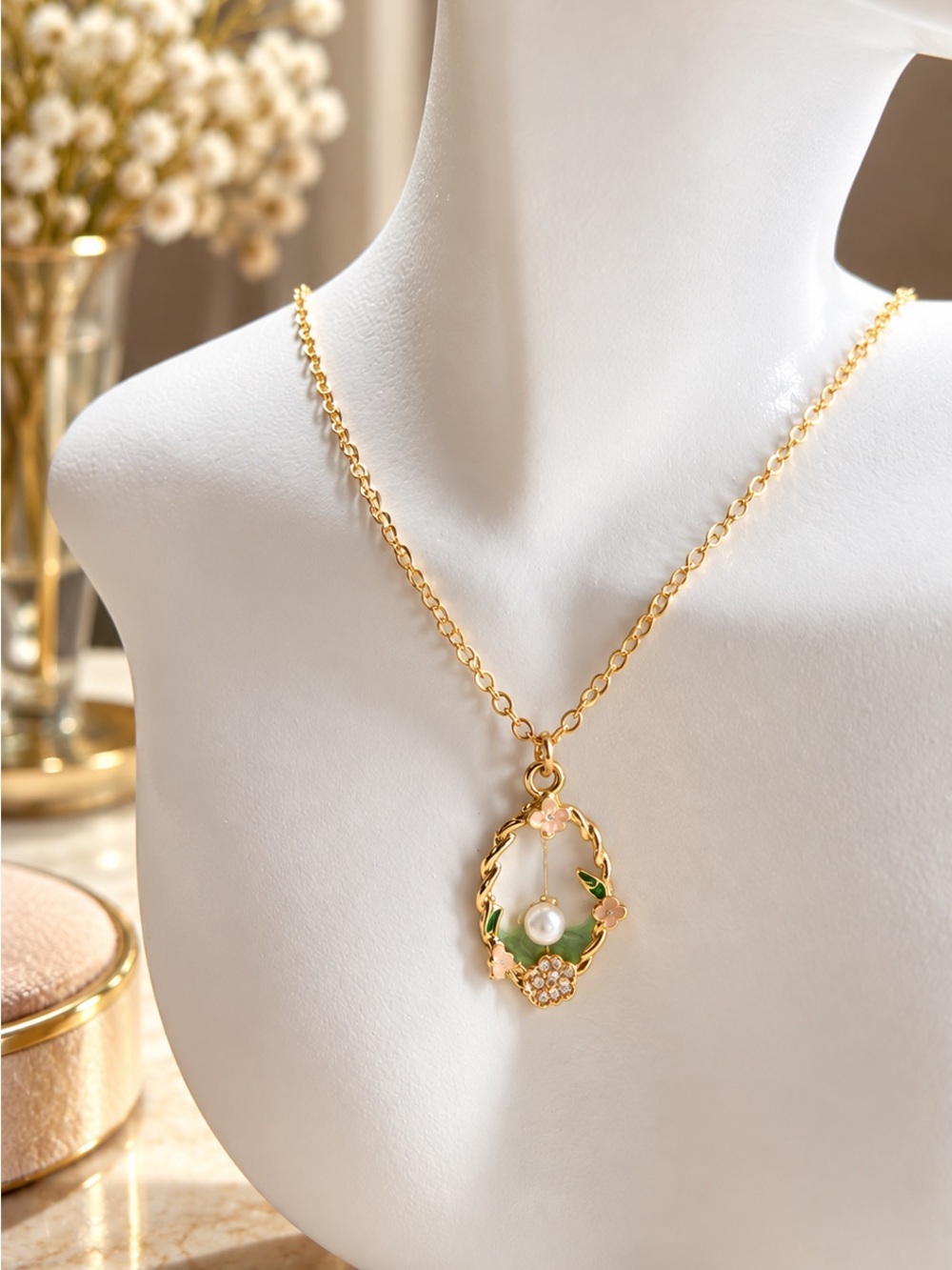Gold Pearl Floral Wreath Pendant Necklace with Green Enamel - Picture 2 of 2